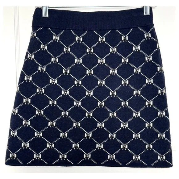 MAJE Navy Bow Design Jacquard Knit Gold Logo Button Patch Pocket Mini Skirt 6 - Picture 9 of 14